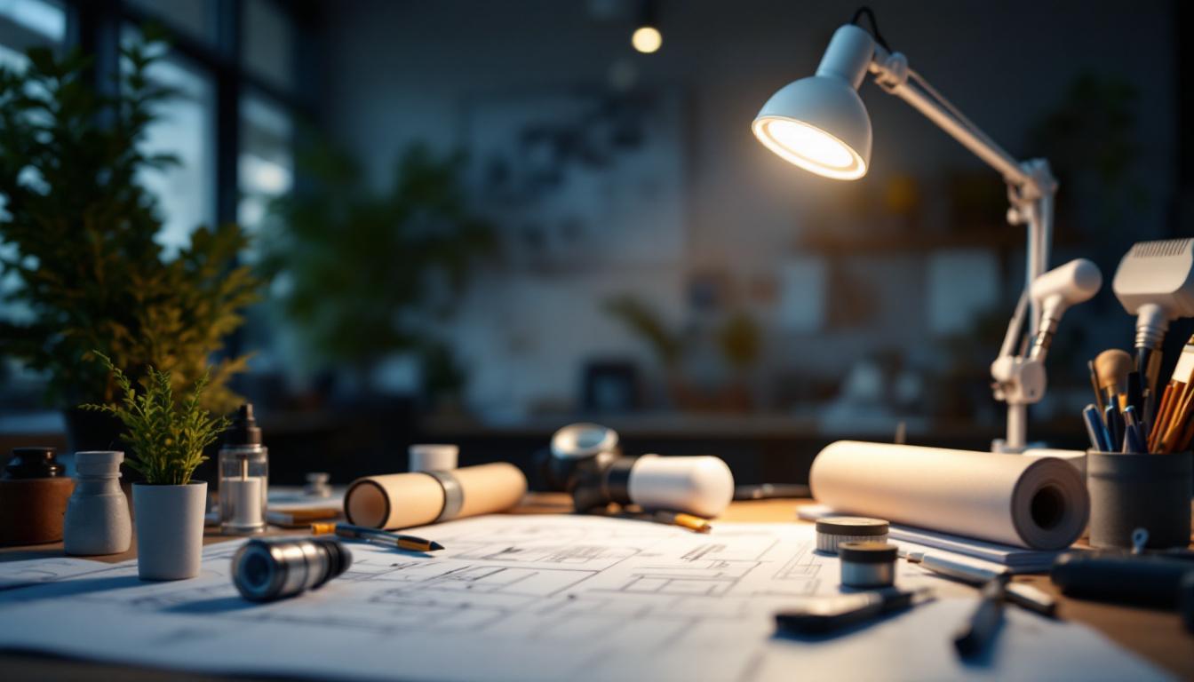 A photograph of a well-lit workspace featuring an 8 t8 lamp in use