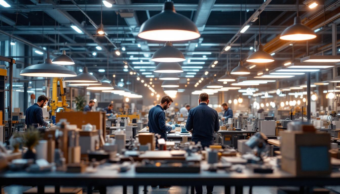 A photograph of a modern commercial lighting manufacturing facility