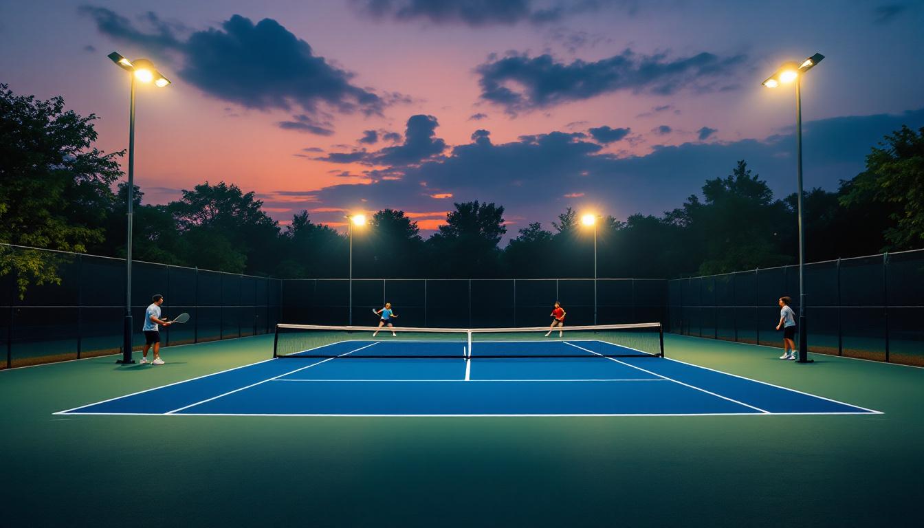 A photograph of a well-lit tennis court at dusk