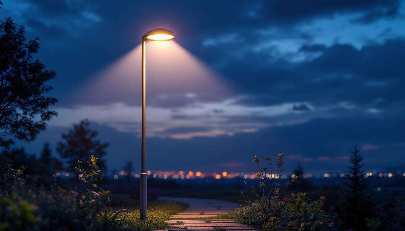 A photograph of a low voltage lamp post light elegantly illuminating a garden pathway at dusk