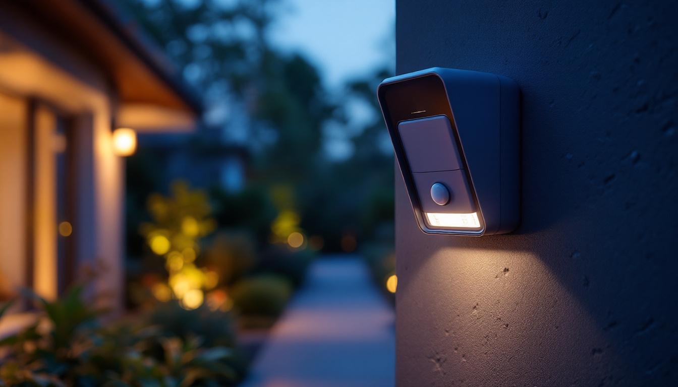 A photograph of a motion detector installed on an outdoor light fixture
