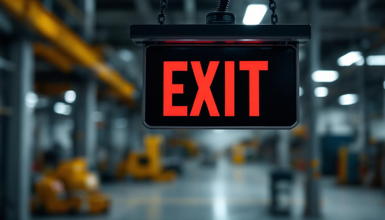 A photograph of a well-maintained black exit sign in a commercial or industrial setting