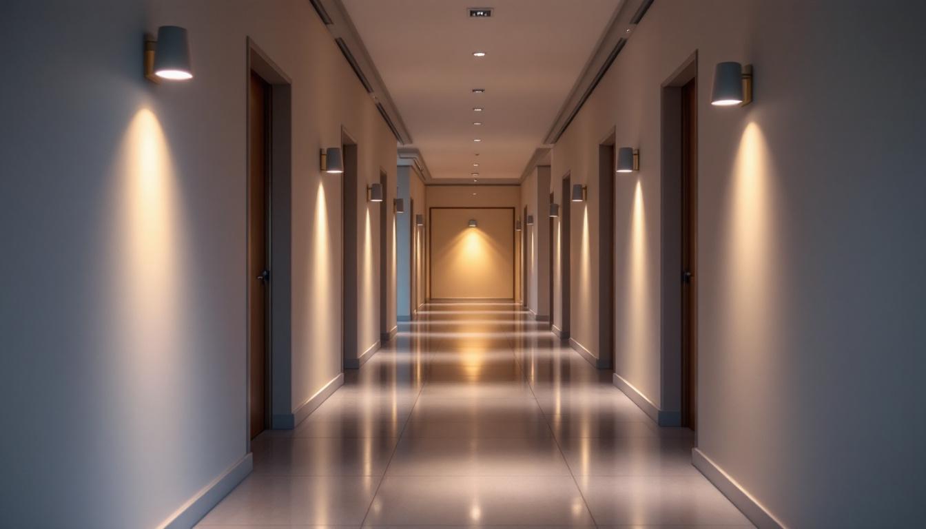 A photograph of a well-lit hallway showcasing various floor lighting options