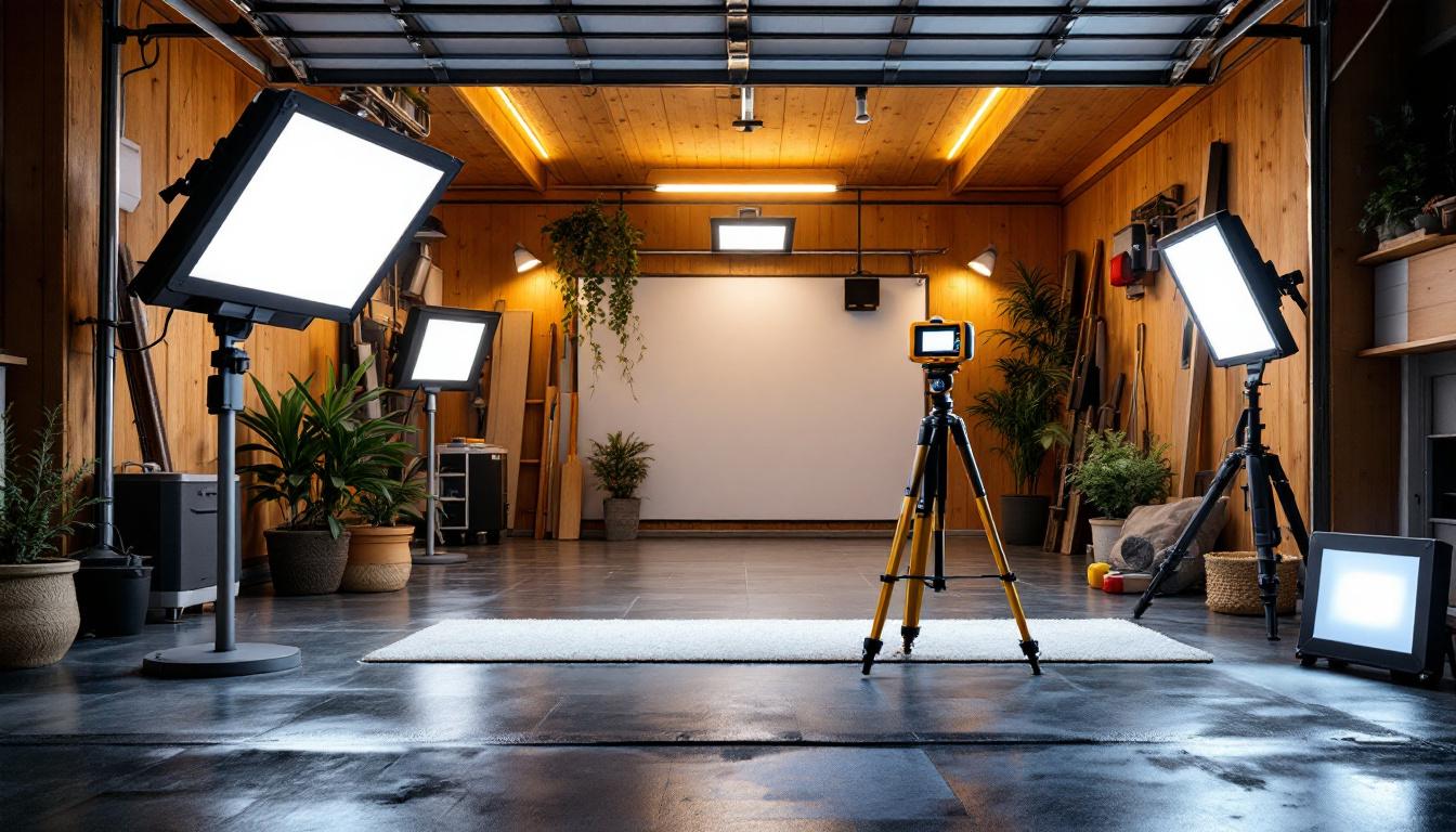 A photograph of capture a photograph of a well-lit garage showcasing various solar light installations