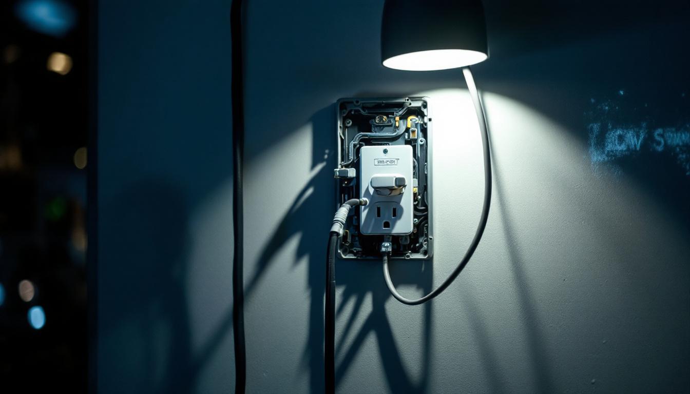 A photograph of an intricate close-up of a single circuit outlet in a well-lit room