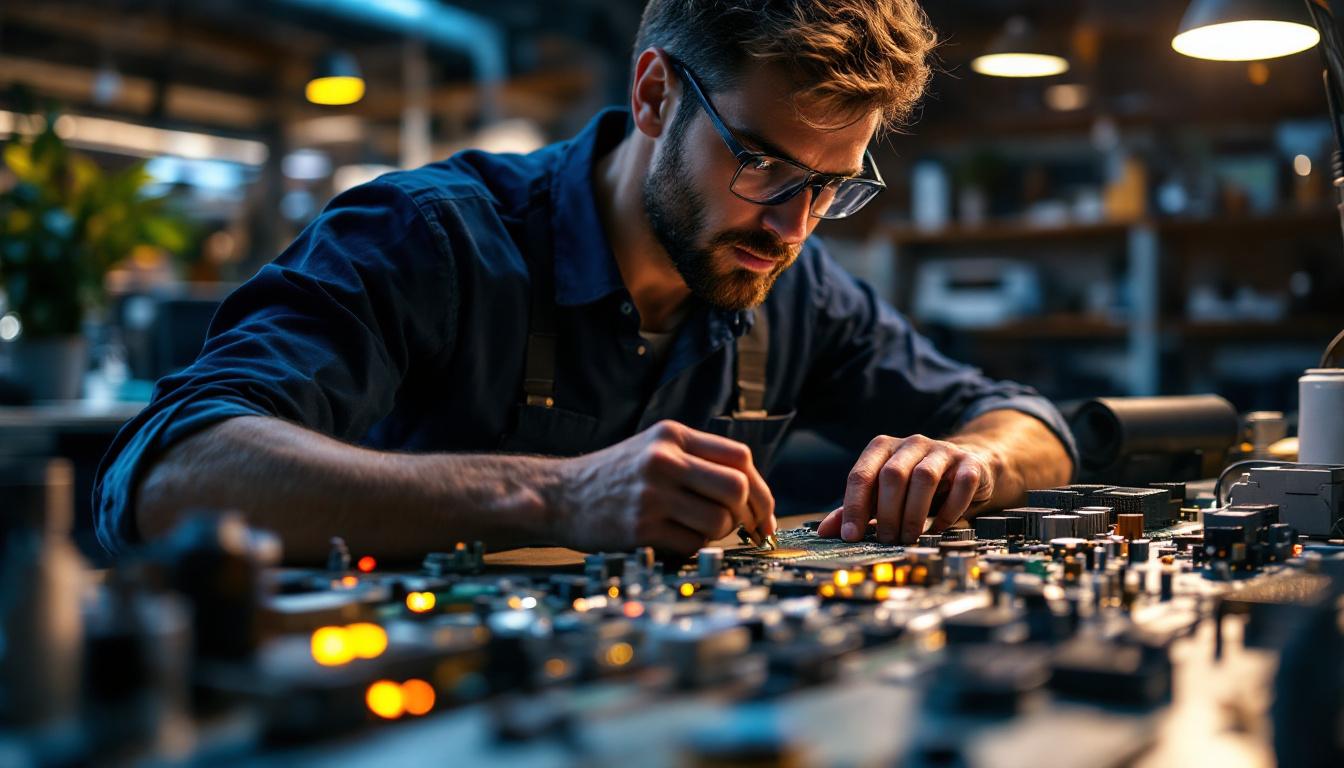 A photograph of a focused electrical engineer working on a complex circuit board in a well-lit