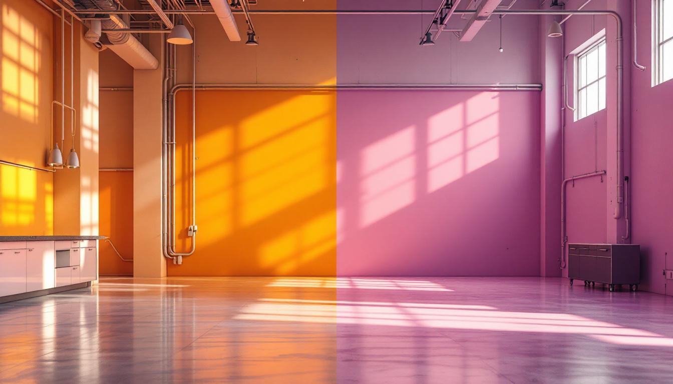 A photograph of a well-lit industrial and commercial space side by side
