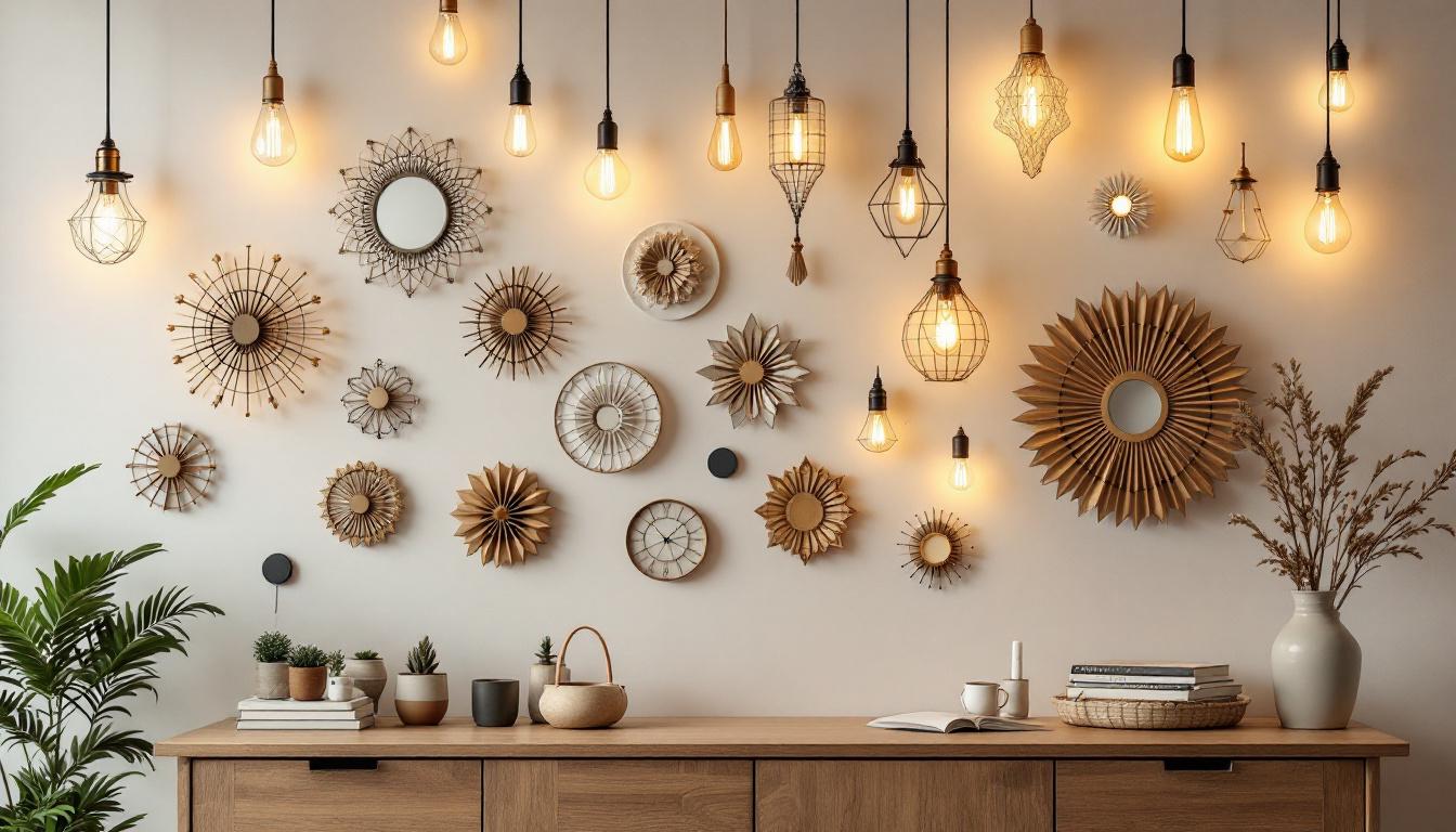 A photograph of a beautifully arranged wall adorned with various decorative lights