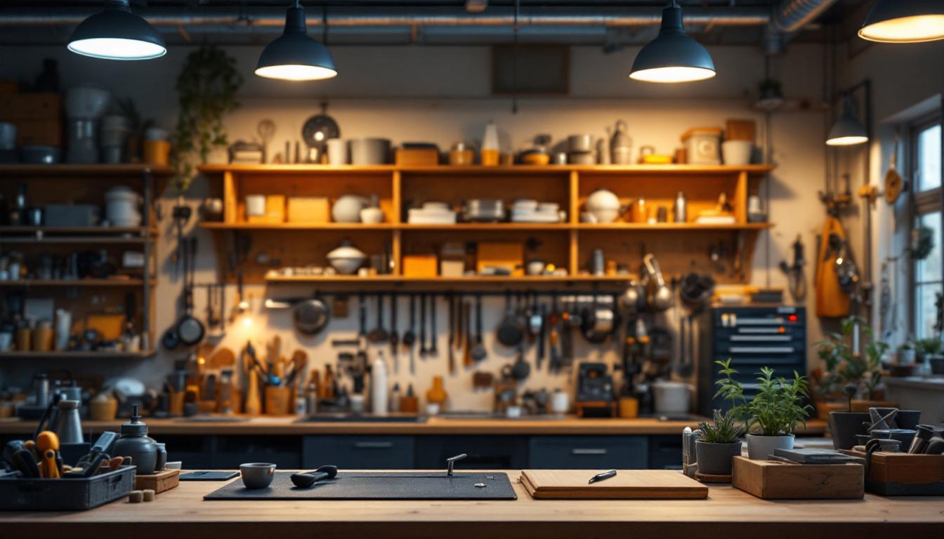 A photograph of a well-organized workshop space illuminated by soft