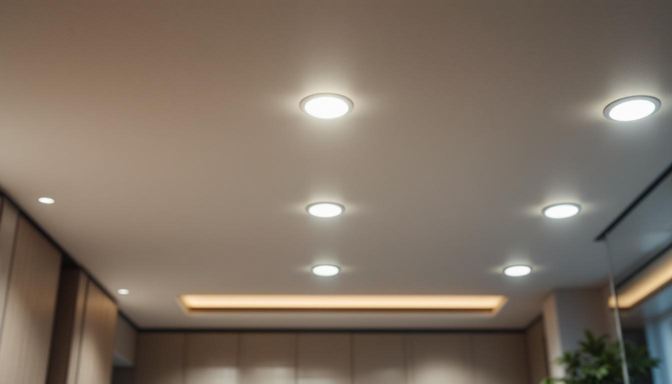 A photograph of a well-designed recessed lighting setup in a drop ceiling