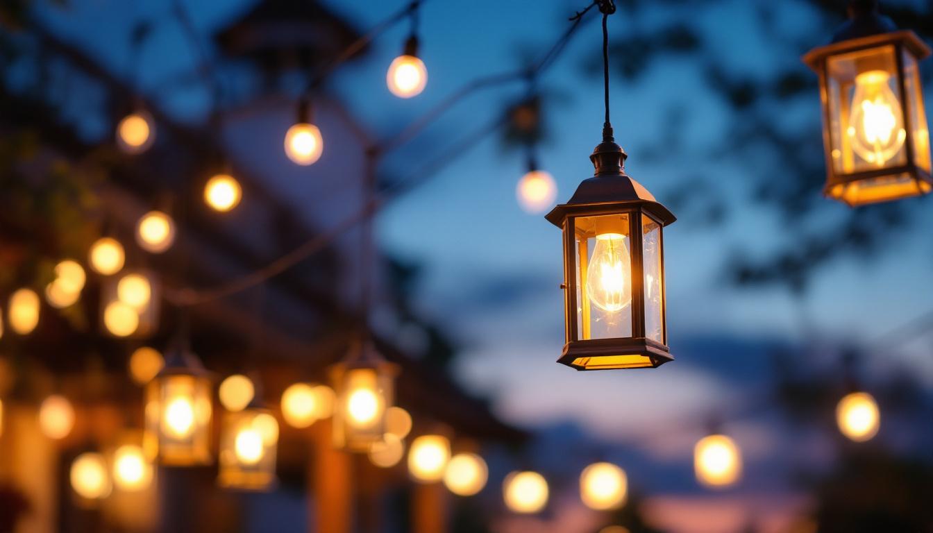 A photograph of a beautifully illuminated outdoor space featuring hanging lantern lights