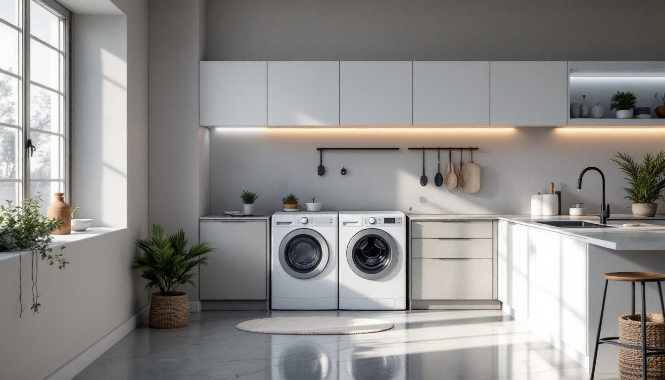 A photograph of a modern laundry room featuring innovative lighting solutions