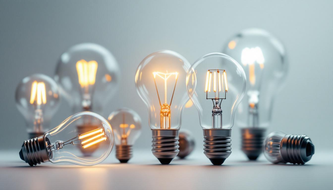 A photograph of a close-up of various types of lighting bulbs