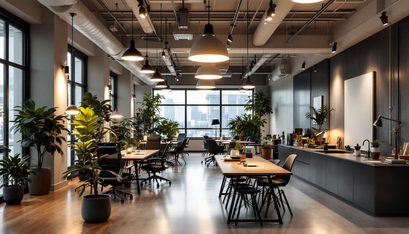 A photograph of a modern office space featuring a variety of contemporary lighting fixtures