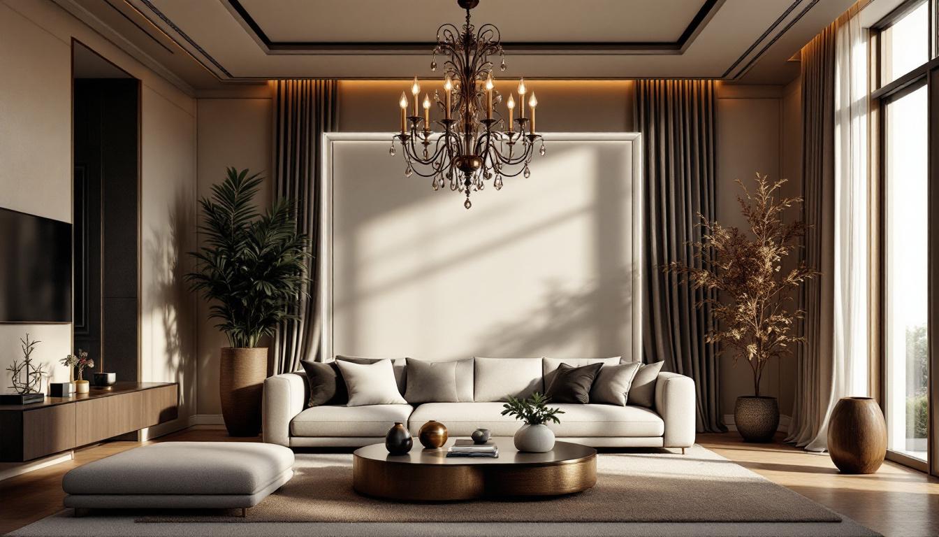 A photograph of a beautifully designed living room featuring an elegant chandelier as the focal point