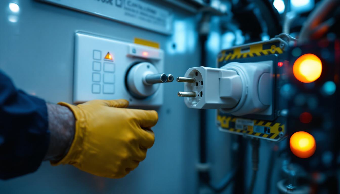 A photograph of a close-up of a dryer plug being inspected by an engineer