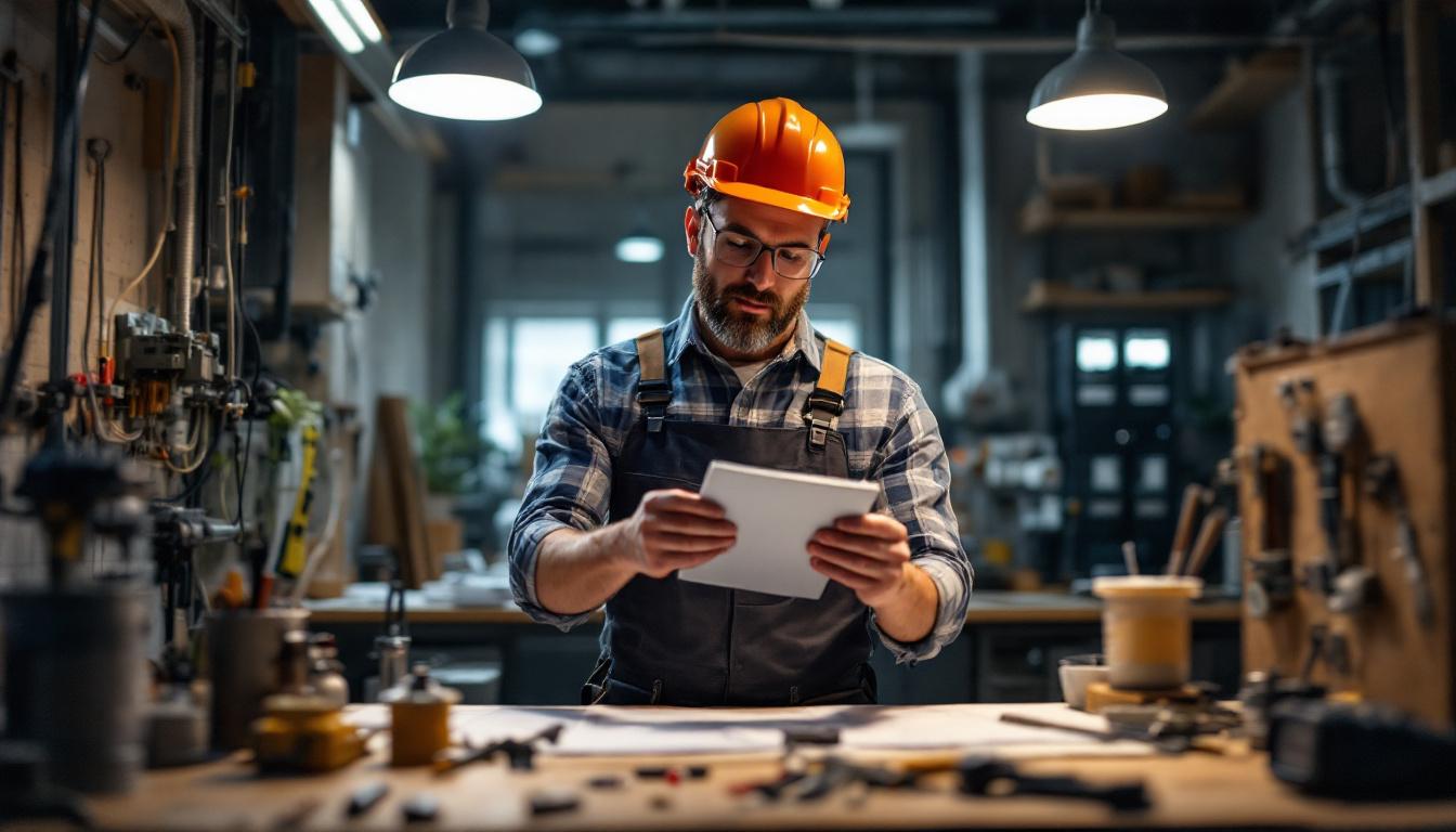 A photograph of capture a photograph of a skilled electrical engineer examining a gang box cover in a well-lit workspace