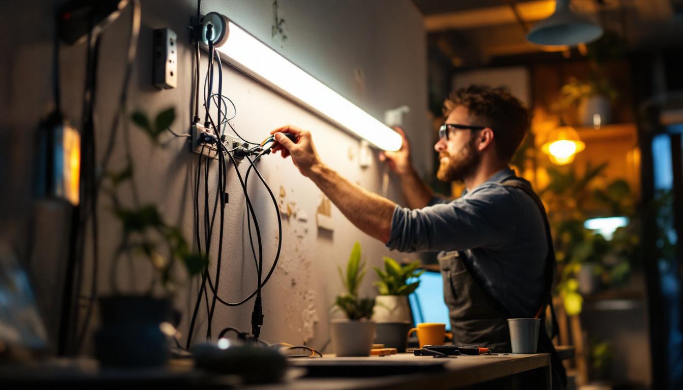 A photograph of a skilled electrician or diy enthusiast installing led tube lights in a modern workspace