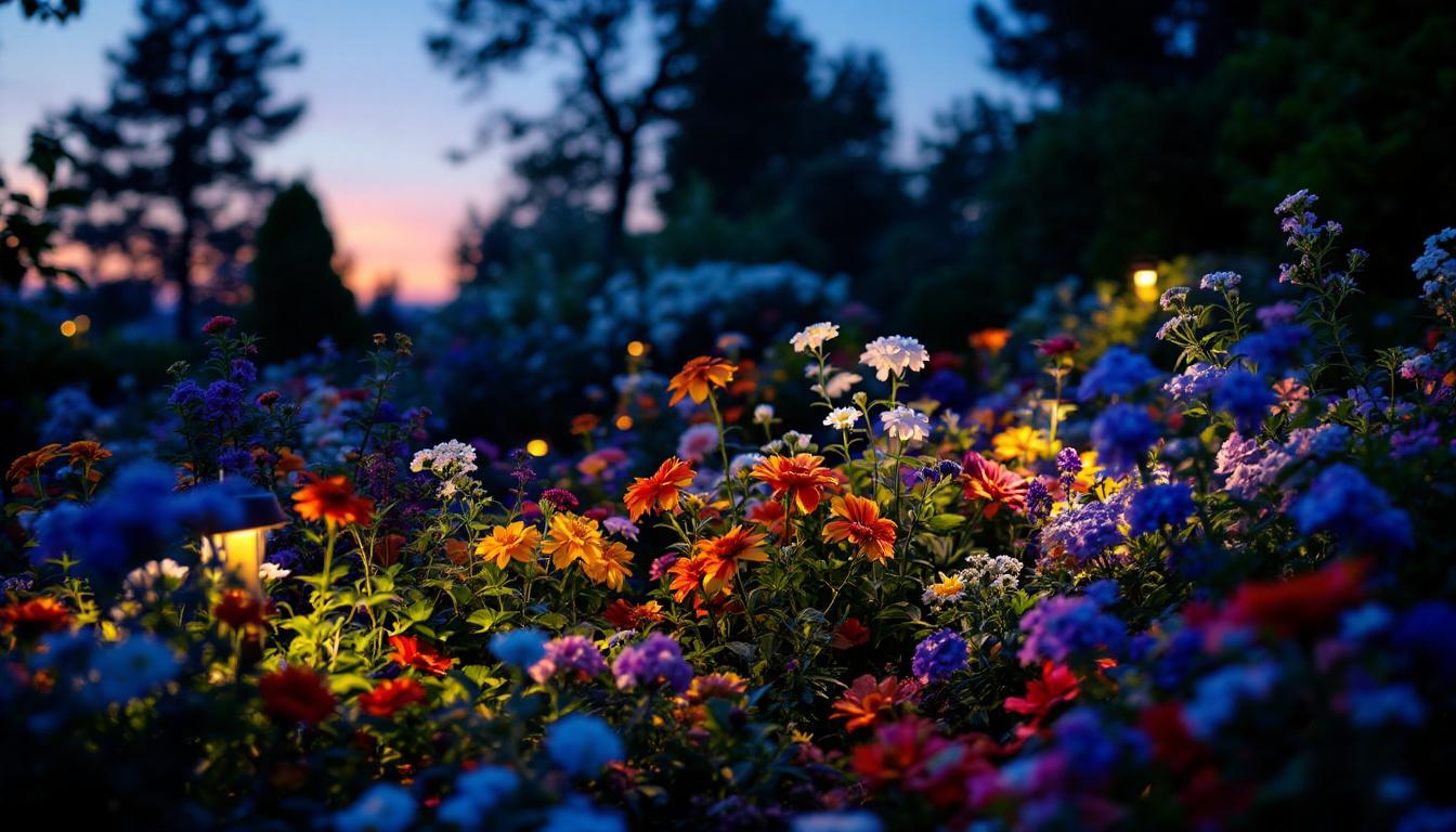 A photograph of a beautifully illuminated garden at dusk