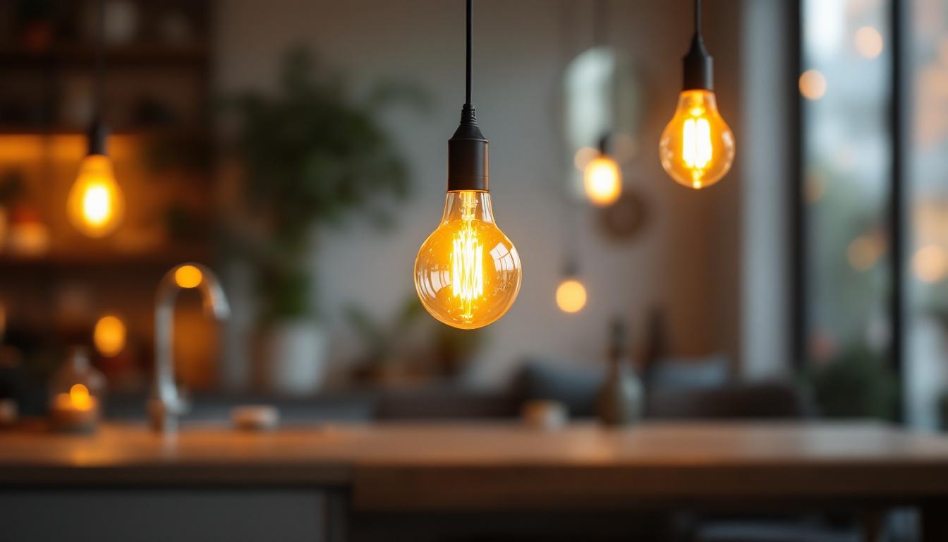 A photograph of a well-lit indoor space featuring a stylish wire pull string light fixture