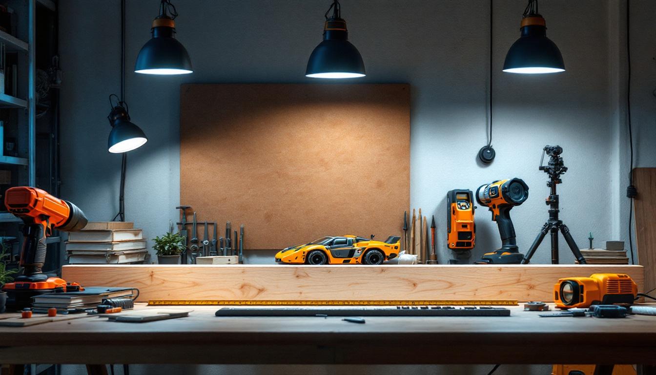 A photograph of a well-lit workspace featuring a 2x4 wooden beam prominently displayed alongside engineering tools and lighting fixtures