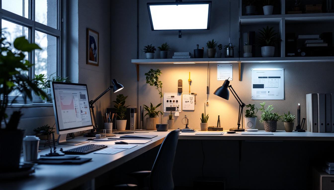 A photograph of a well-lit engineering workspace featuring various lighting solutions