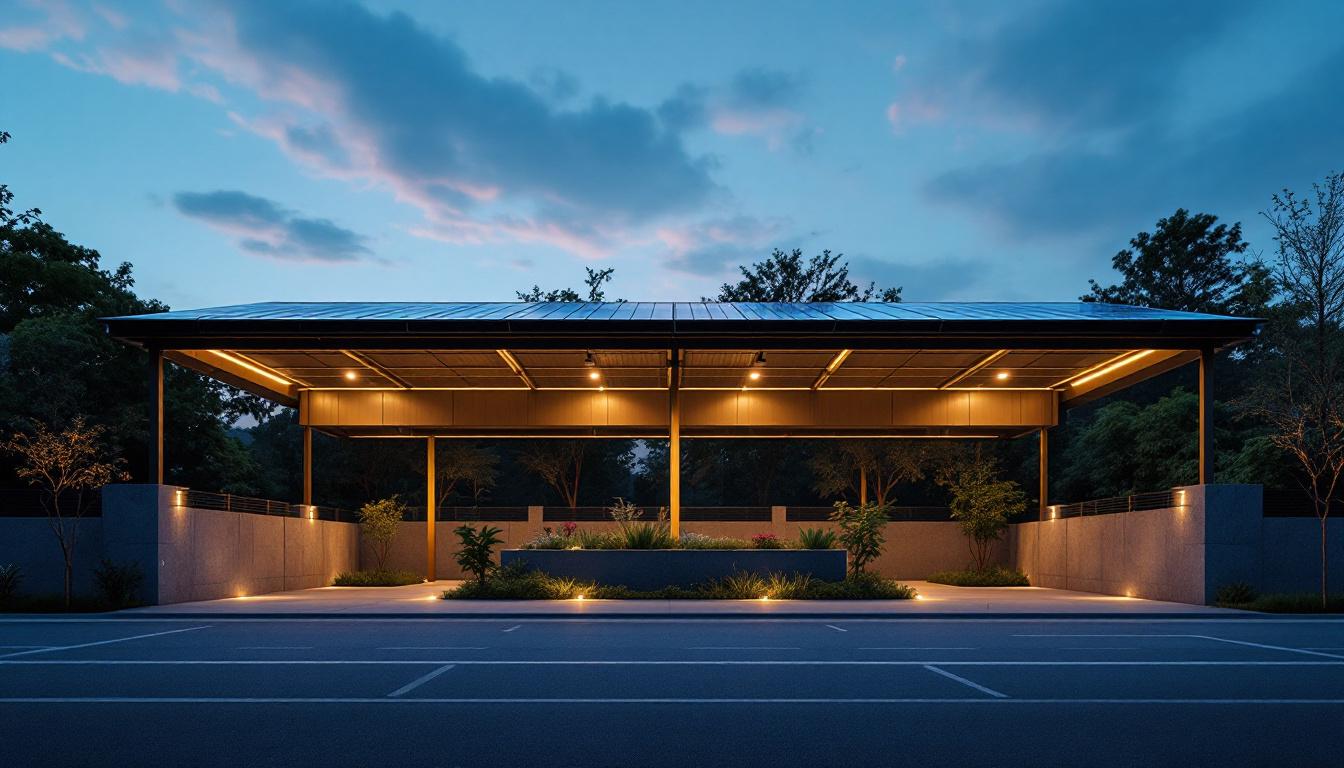 A photograph of a solar-powered carport illuminated at dusk