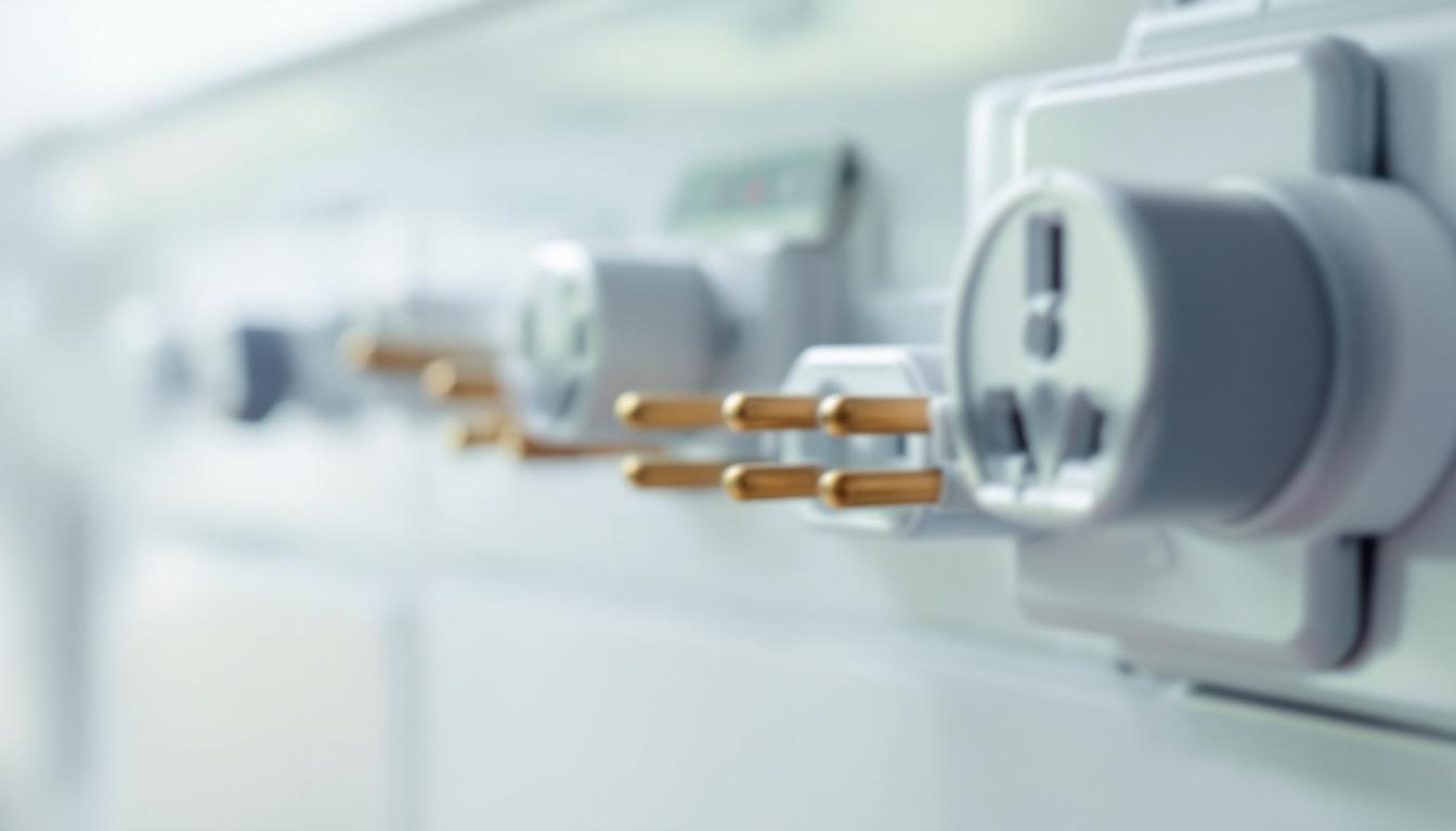 A photograph of a close-up of various dryer plug types and their corresponding outlets