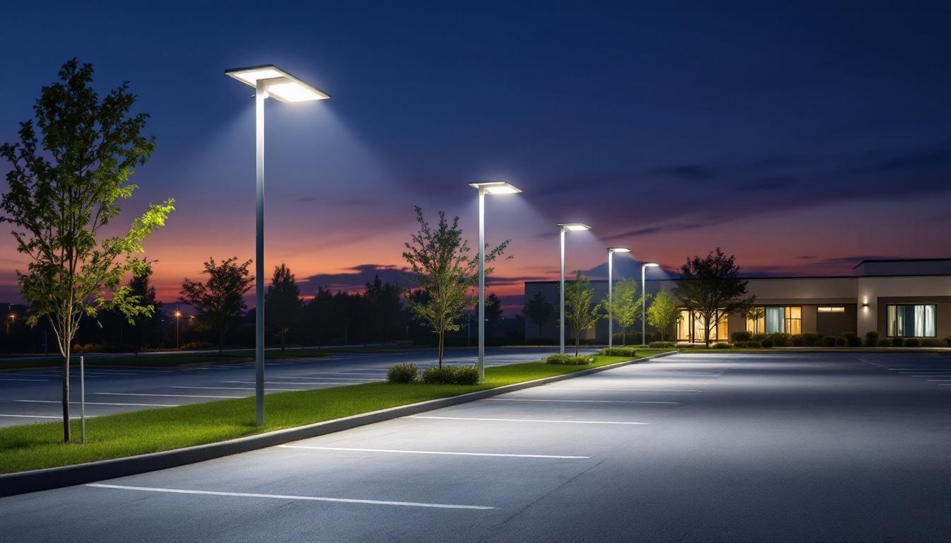 A photograph of a well-lit commercial parking lot at dusk