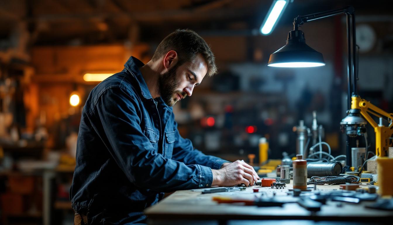A photograph of a well-lit workshop or garage scene featuring a 10