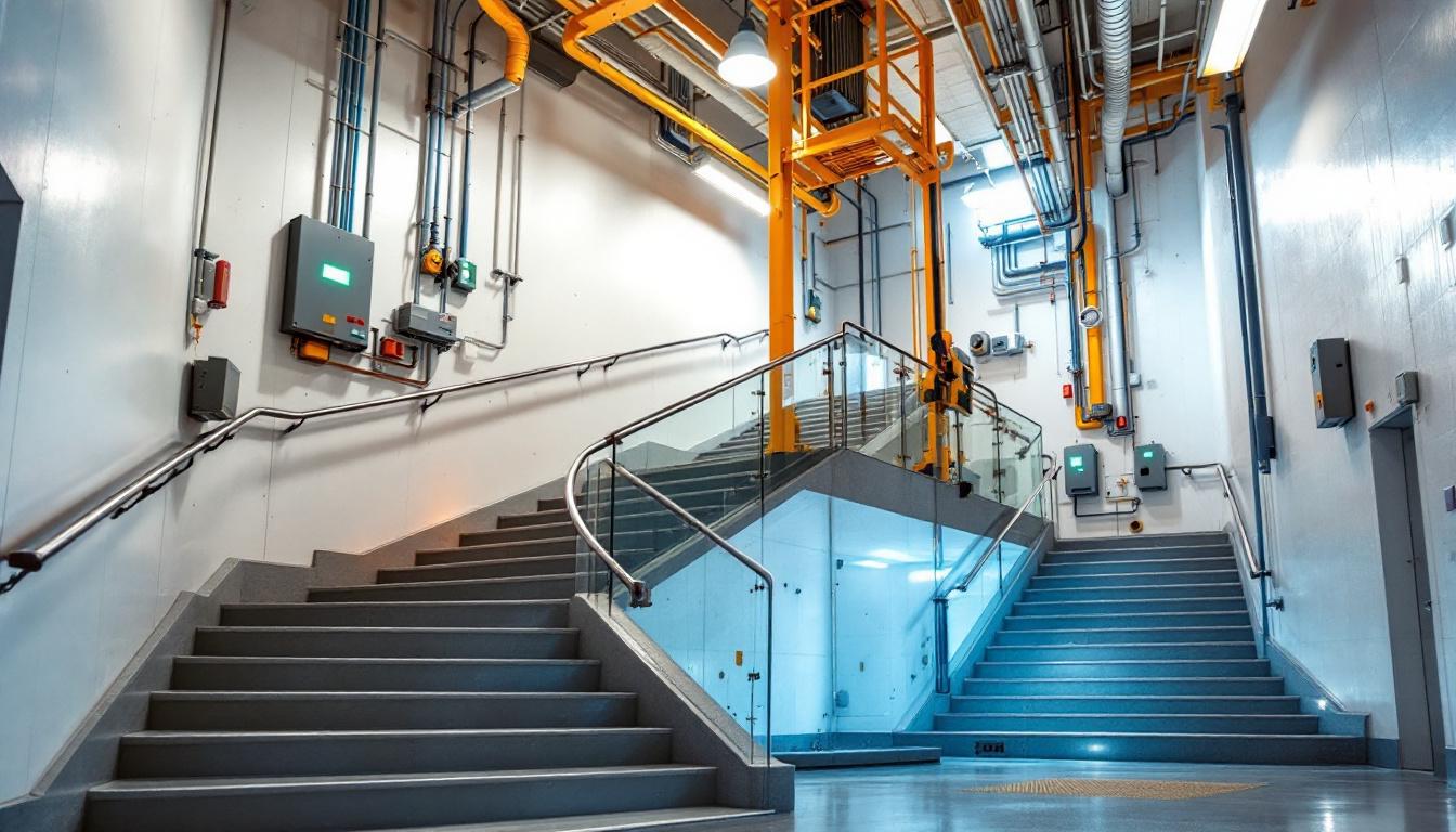 A photograph of a well-lit commercial stairwell featuring intricate electrical installations and safety features