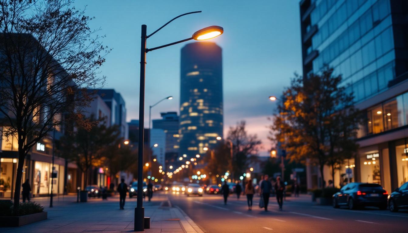 A photograph of a ge street light illuminating a modern urban street at dusk