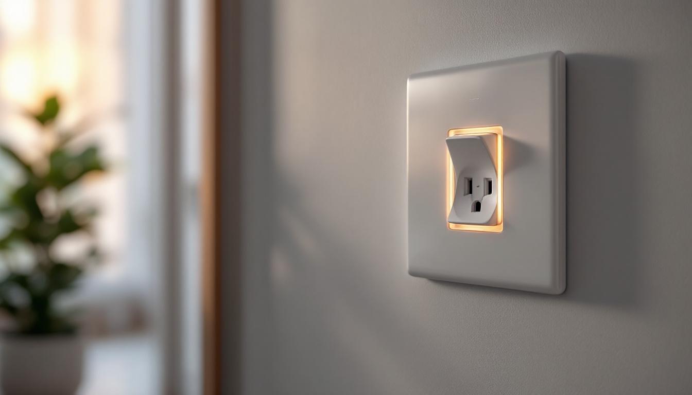 A photograph of a close-up of a light switch receptacle combo installed in a stylish home setting