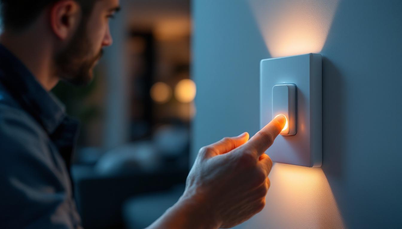 A photograph of a close-up of an indoor motion sensor light switch in action
