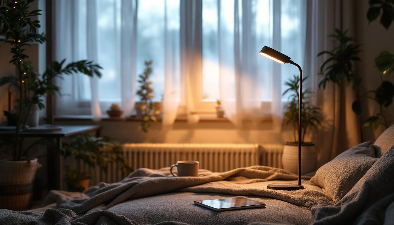 A photograph of a beautifully designed low-glare lighting fixture in a cozy interior setting