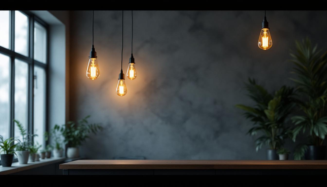 A photograph of a stylishly designed room featuring hanging can lights
