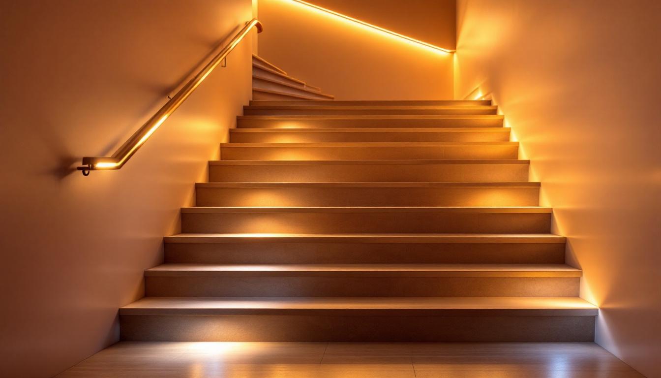 A photograph of a beautifully illuminated staircase featuring sleek led lights along the steps and walls