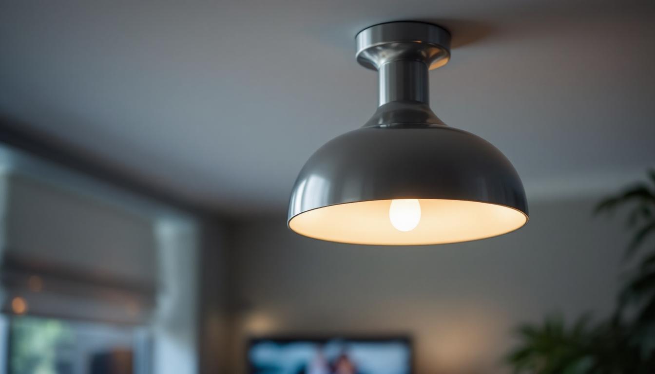 A photograph of a stylish silver ceiling lamp installed in a modern interior setting