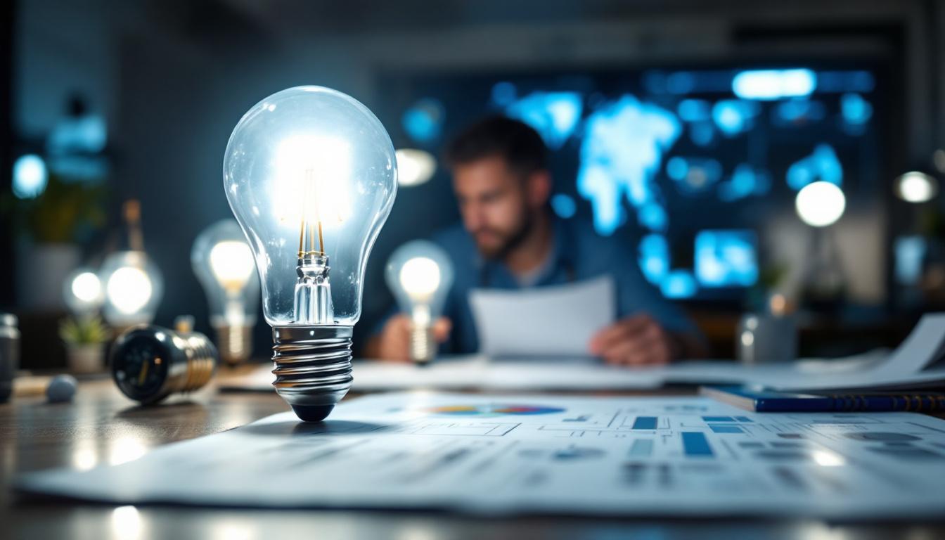 A photograph of a close-up of high output led light bulbs illuminating a workspace