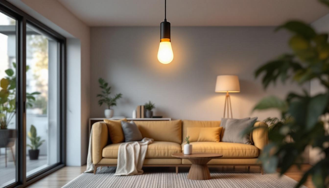 A photograph of a stylish pull chain led light fixture in a well-designed interior setting