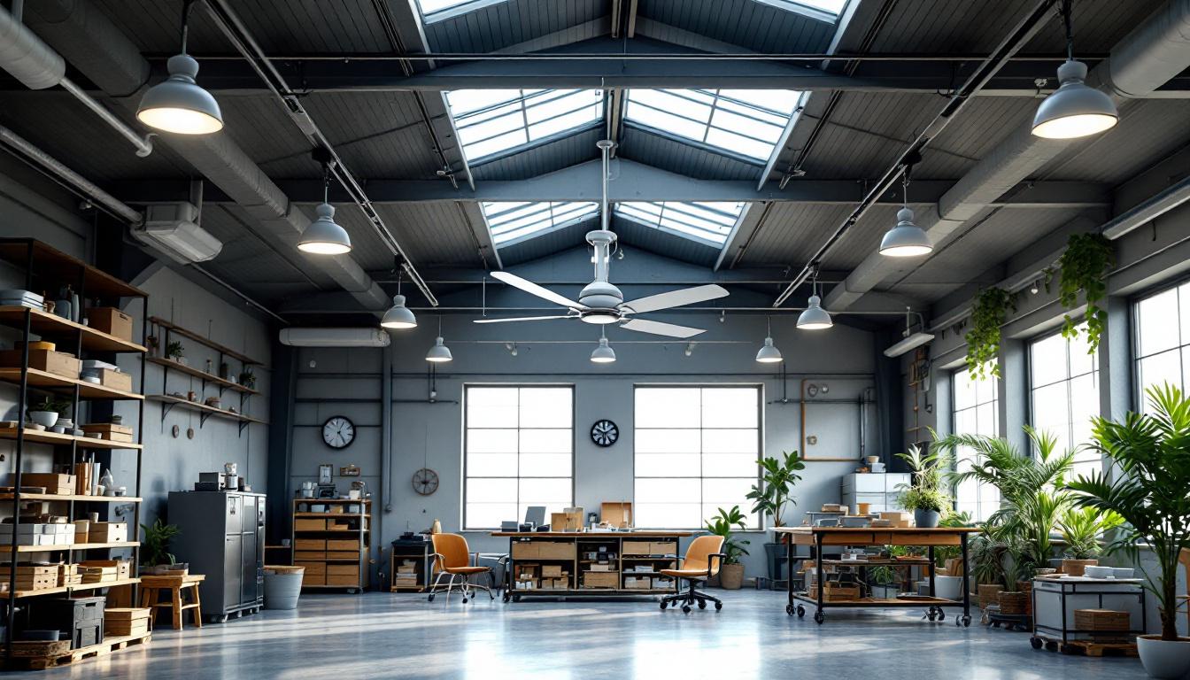 A photograph of a spacious workshop or retail environment showcasing a large ceiling fan in action