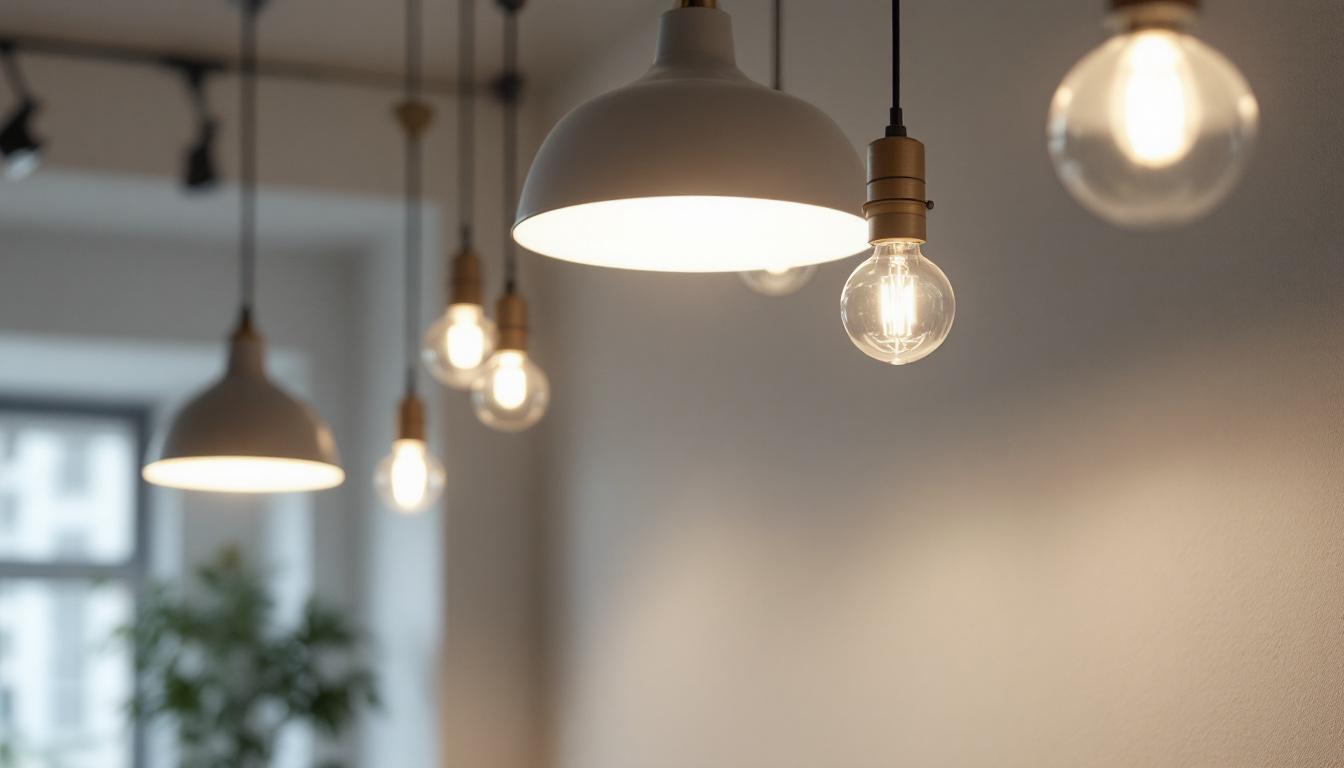 A photograph of a well-lit interior space showcasing various pendant lights in use