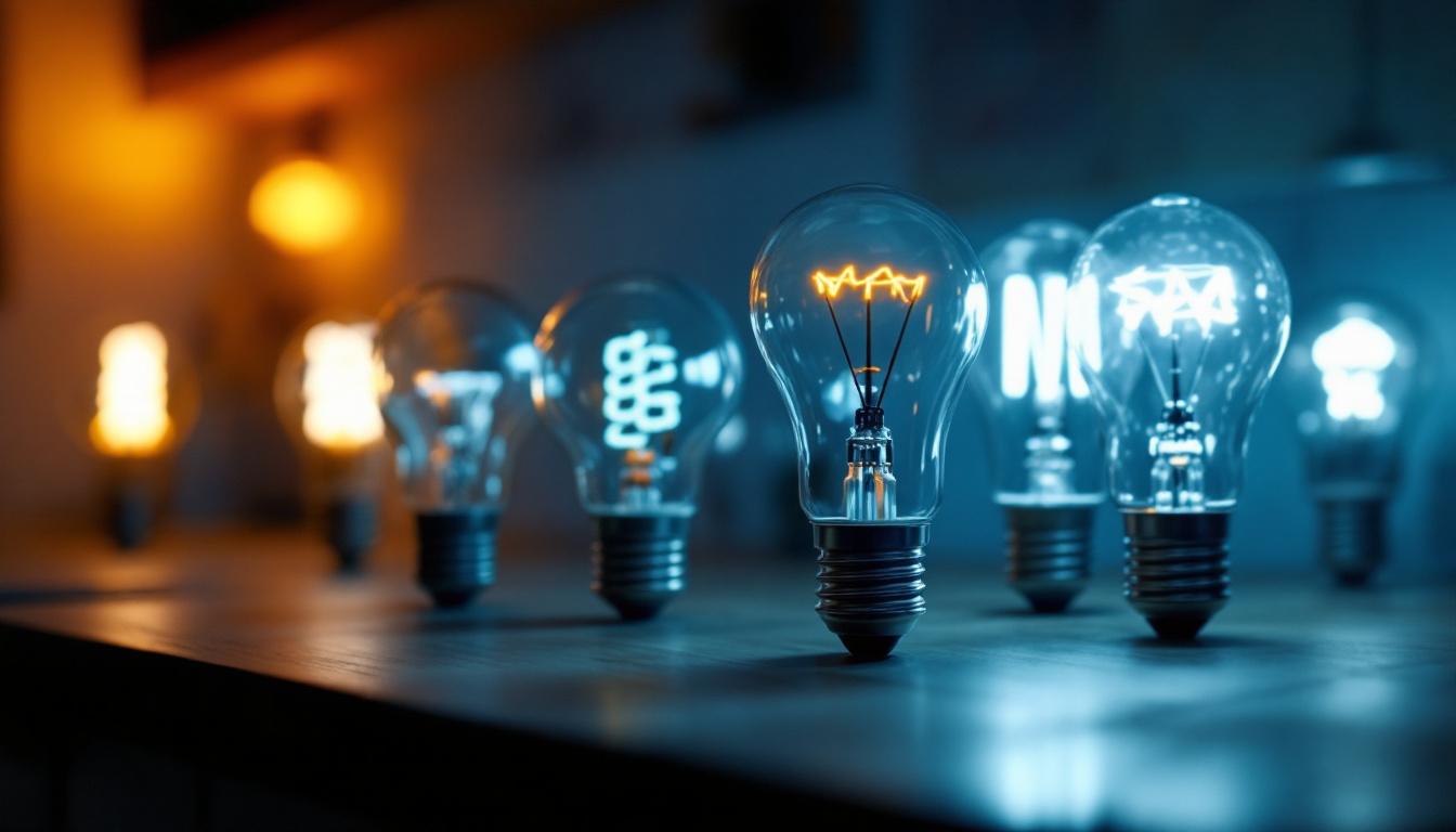 A photograph of a close-up shot of various g bulbs in different lighting settings
