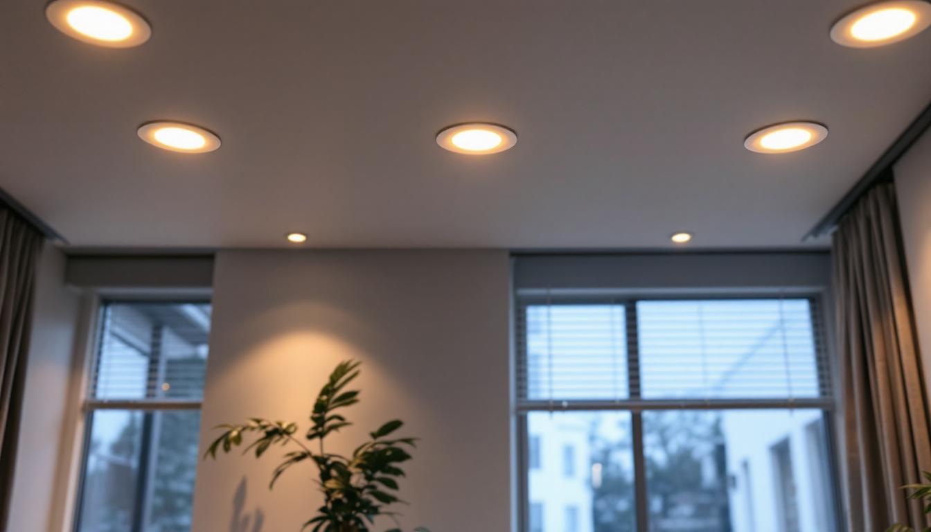 A photograph of a well-lit room featuring various styles of 2-inch led recessed lighting fixtures installed in the ceiling