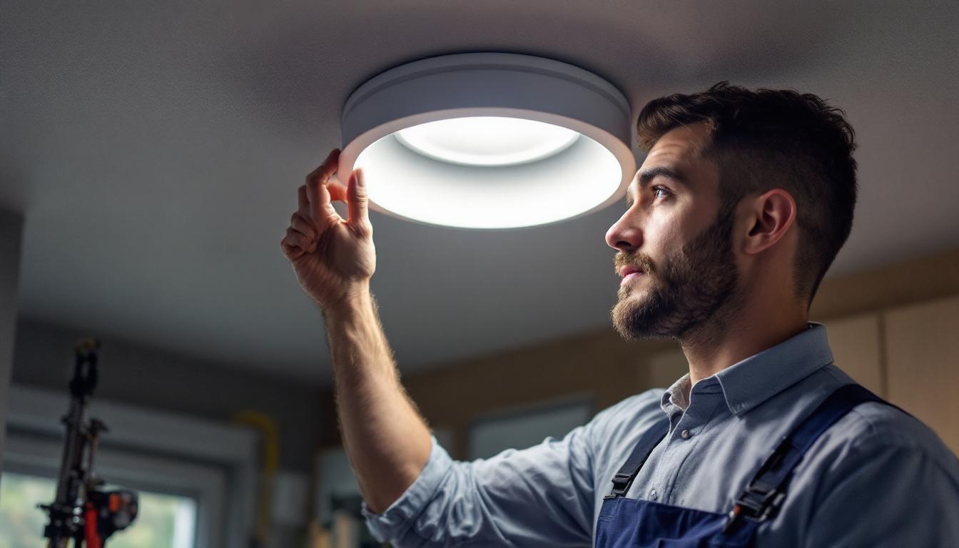 A photograph of a professional electrical engineer examining a recessed can light fixture