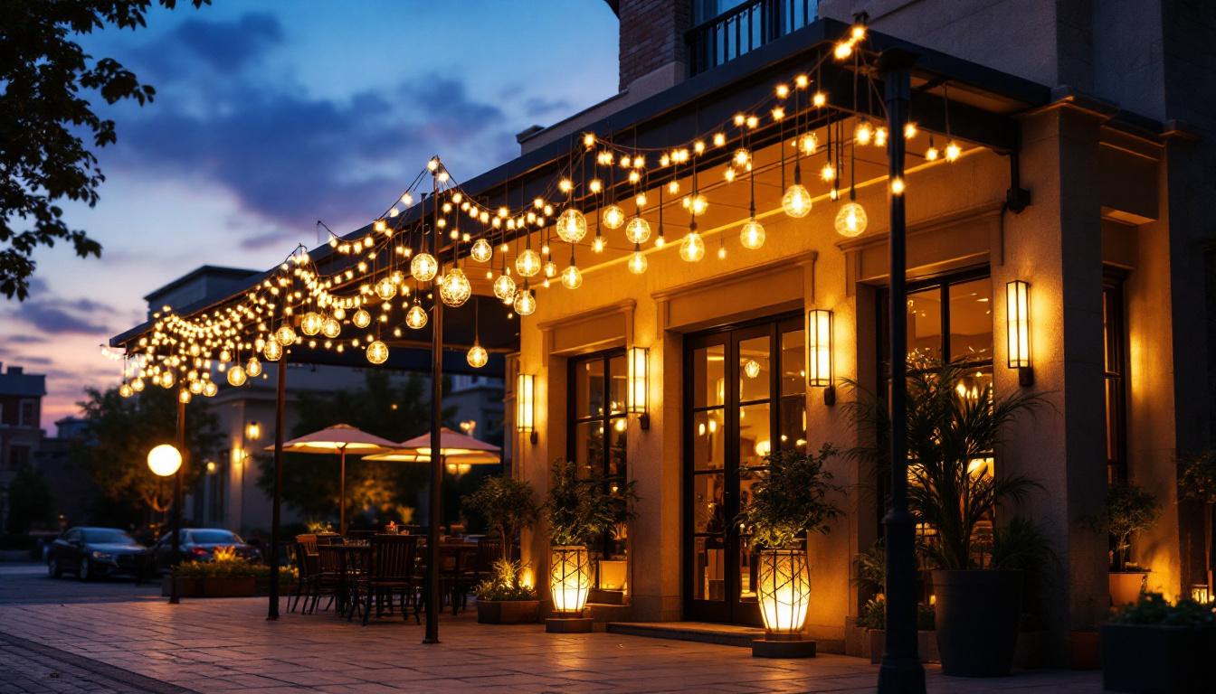 A photograph of a beautifully illuminated commercial outdoor space featuring decorative lighting fixtures