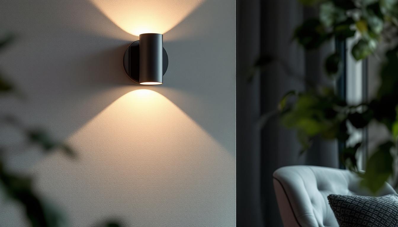 A photograph of a stylishly designed indoor space featuring a modern led wall sconce