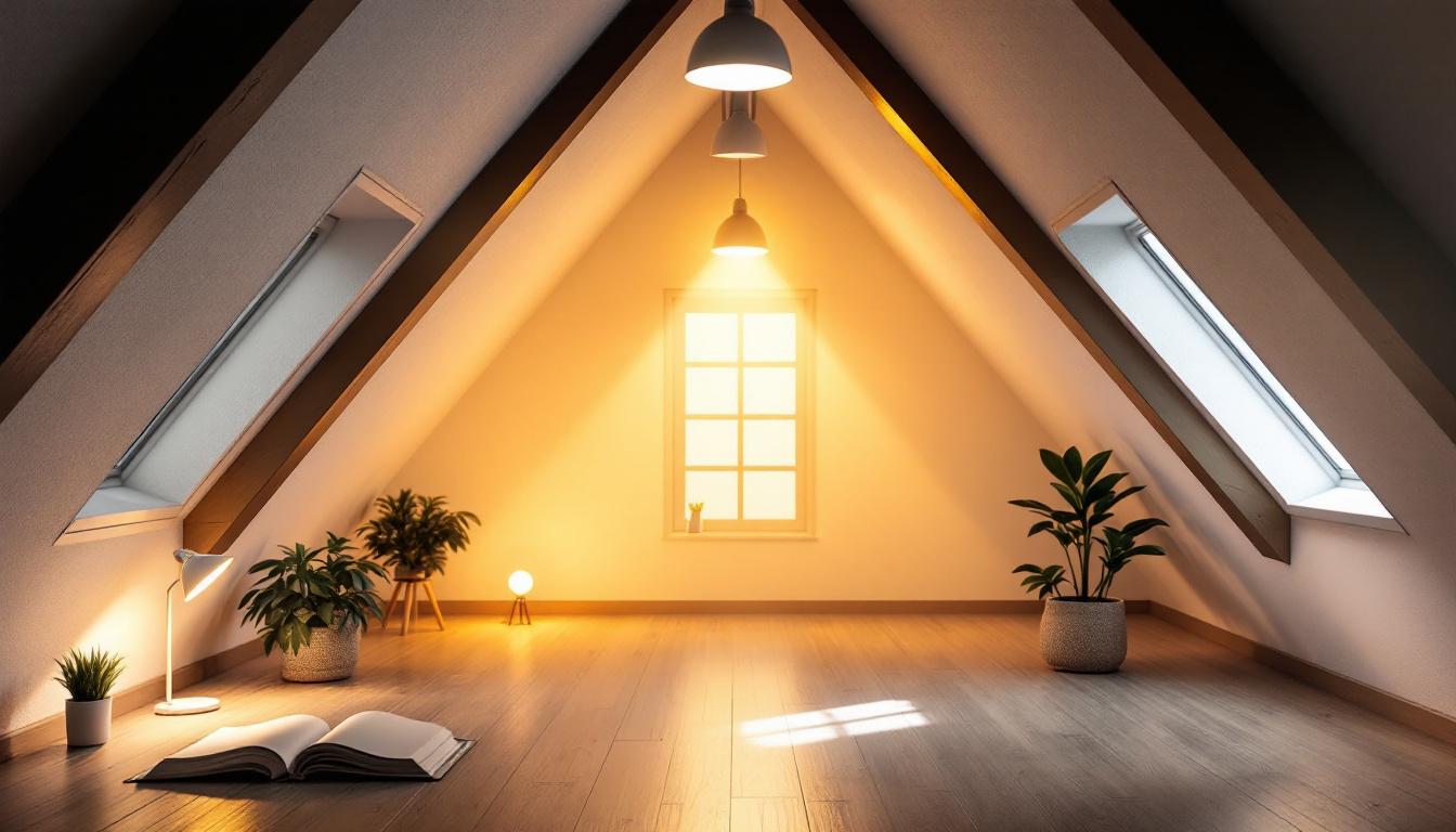 A photograph of a well-lit attic space showcasing a variety of lighting options