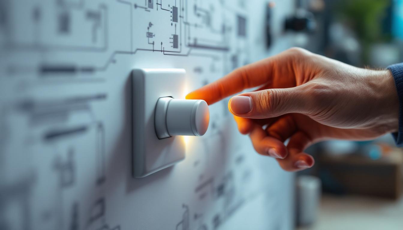 A photograph of a close-up of a light push switch being expertly manipulated by an electrical engineer