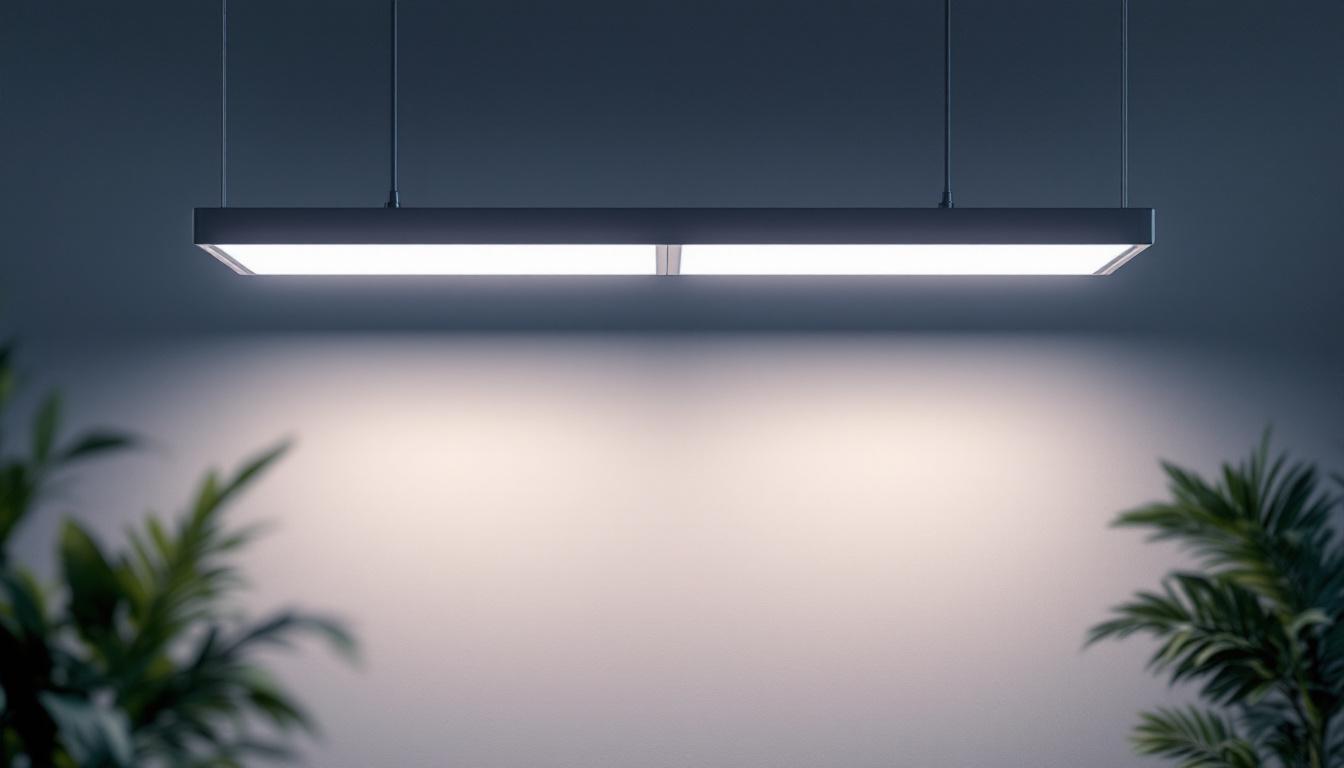 A photograph of a well-lit indoor space featuring a two-lamp fluorescent fixture